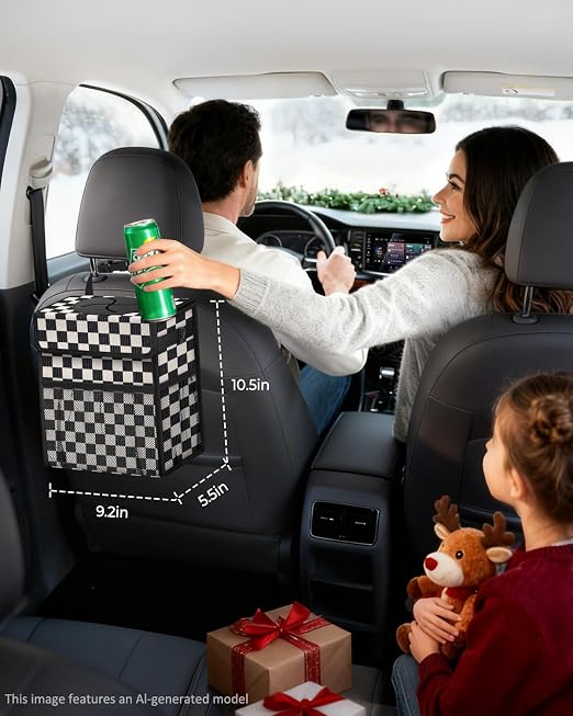 Corduroy Car Trash Can with Lid and Mesh Pockets - Leakproof Organizer,Multipurpose Waterproof Garbage Can/Trash Bin for Car(Black and White Check-2 Gallons)