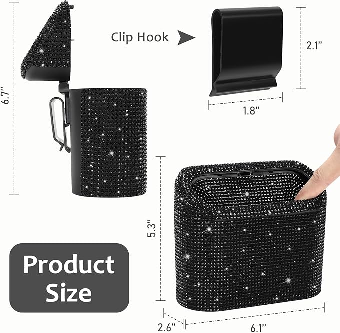 Bling Car Trash Can with Lid, Mini Vehicle Garbage Organizer Storage Bin Dustbin, Sparkling Crystal Rhinestone Holder Container with 30pcs Garbage Bags Car Accessories
