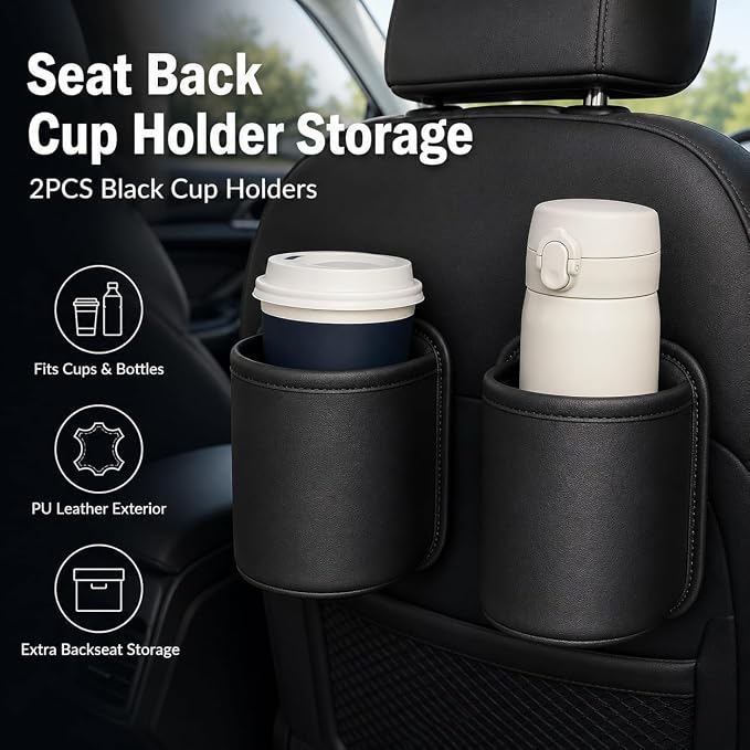 2 Pack Extra Cup Holder for Car, Clip-On Car Door Cup Holder Organizer, PU Leather Car Drink Holder for Small Bottle Coffee Cup Phone Keys Cards, Automotive Seat Pocket Storage, Black