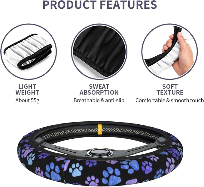 Paw Prints Steering Wheel Cover - Purple Dog Paw Steering Wheel Cover Anti-Slip Breathable 15 Inch Universal 2 Pcs Car Interior Cup Holder Pad for Men Women