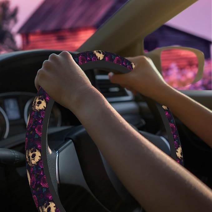 Gothic Skull and Rose Steering Wheel Cover for Women Men Neoprene Breathable Wheel Cover Protector Anti-Slip Car Accessories Universal 15 Inch Fit for Cars Trucks Vehicles