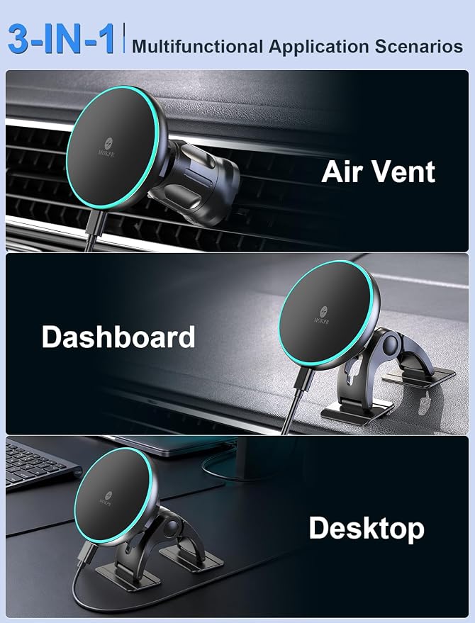 for iPhone Magsafe Car Mount Charger, Wireless Car Charger Magnetic Car Phone Holder for Dash Air Vent-LED HandsFree Car Mount Fast Car Charger for iPhone 17/16/15/14/13/12 Series