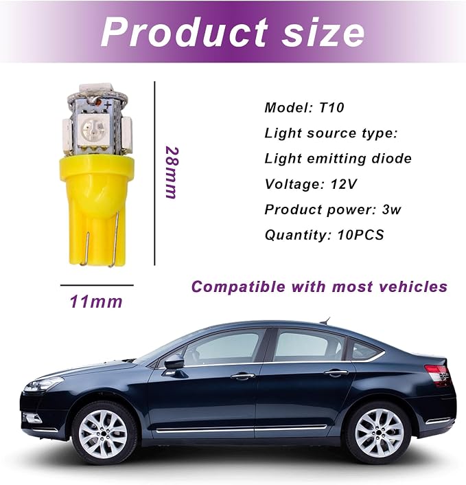 10 PCS Car Interior LED Light Bulb, T10 5050 5SMD LED Car Bulb Kit, Super Bright Automotive Led Replacement Bulbs for Dashboard Dome Map Door Courtesy License Plate Lights (Yellow)