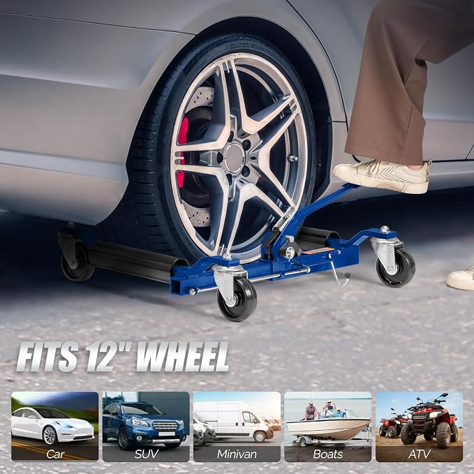 Car Wheel Dolly Jack Set of 4, Mechanical 6000-lbs Car Skates, 12'' Wheel Vehicle Positioning Jack, Heavy Duty Rollers with Ratcheting Foot Pedal for Tire Auto Repair Moving, Blue