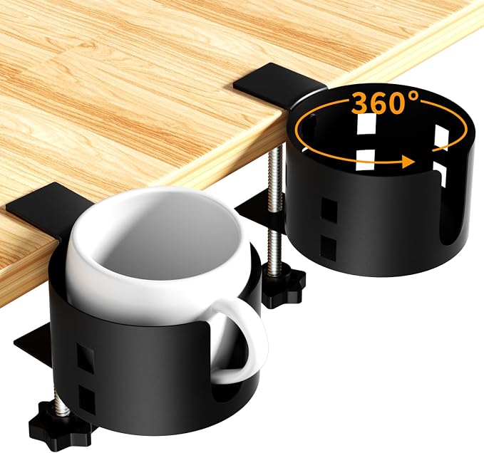 2 Pack Large Desk Cup Holder, Anti-Spill Cup Holder for Desk or Table, Sturdy and Durable, Easy to Install, Enough to Hold Coffee Cups, Water Bottles, Gaming PC Office Accessories, Black