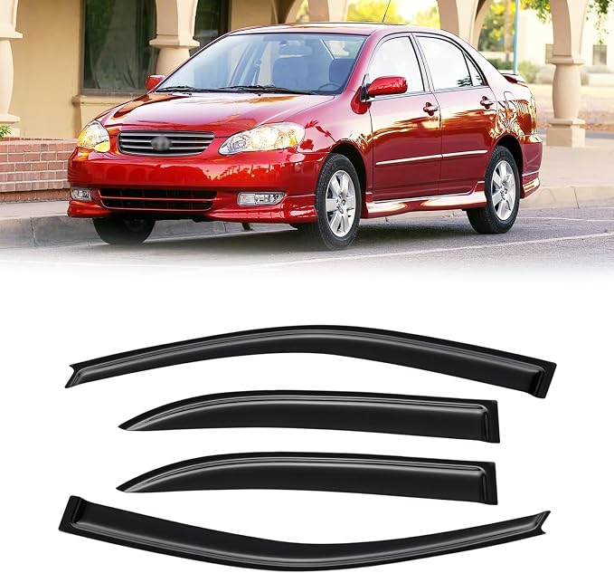 Window Visors for 2003-2008 Toyota Corolla, Rain Guards Shields Vent Deflector Shade Dark Smoke 2004 2005 2006 2007, Tape-On, 4PCS