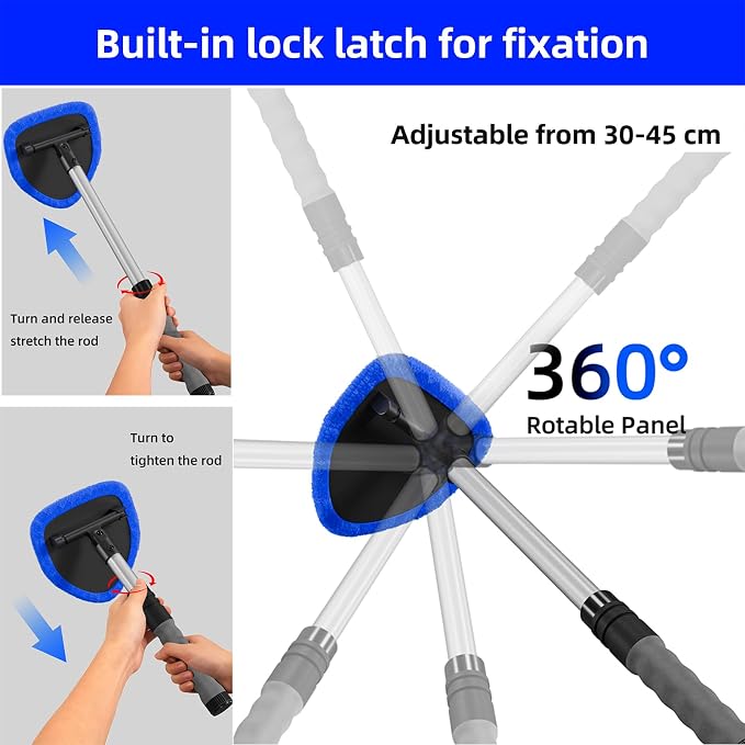 Windshield Cleaning Tool, Car Window Cleaner Windshield Cleaner with 4 Reusable and Washable Microfiber Pads and Extendable Handle Auto Inside Glass Wiper Kit
