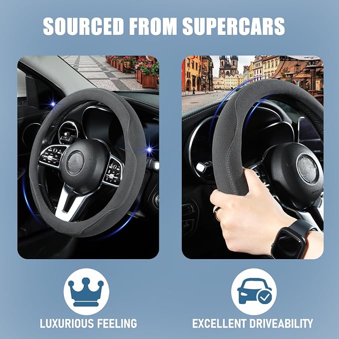 Gray Faux Suede Steering Wheel Cover, Breathable Non-Slip Sweat-Proof Wear-Resistant No Pilling, Warm in Winter and Cool in Summer, Universal 15 inch