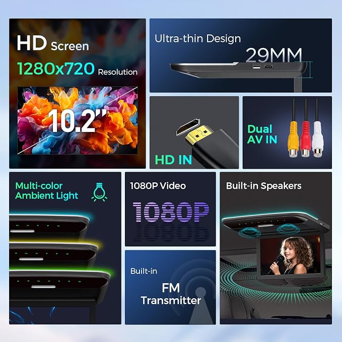 10.2 Inch Car Overhead Player 1280 * 720 IPS Screen Car Roof Mounted Flip Down Car TV Support HDMI, USB, AV Input (No DVD Drive)