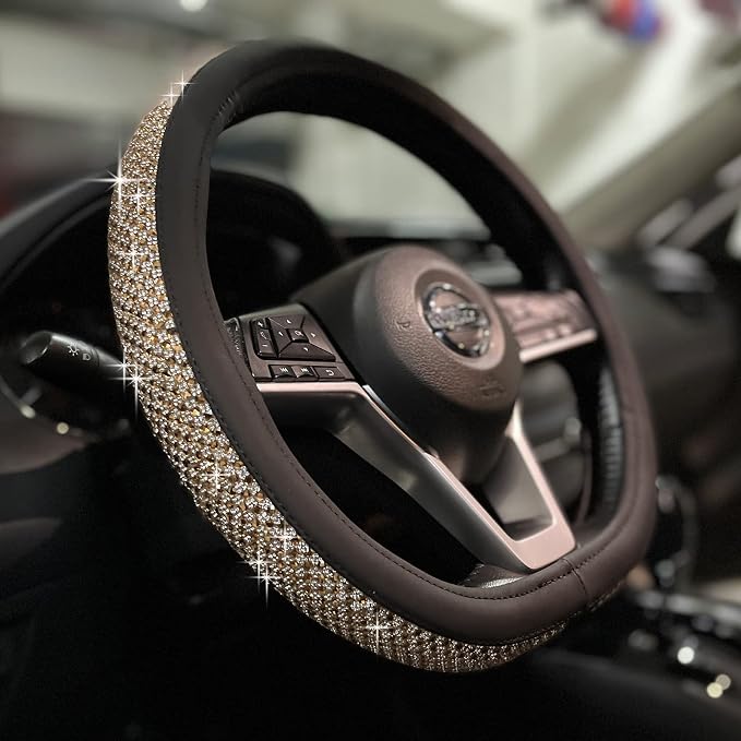 D Shaped Bling Comfy Steering Wheel Cover with Jumbo Crystal Rhinestones, Anti-Slip Diamond Leather, Flat Bottom 14.5-15 Inch (Gold)