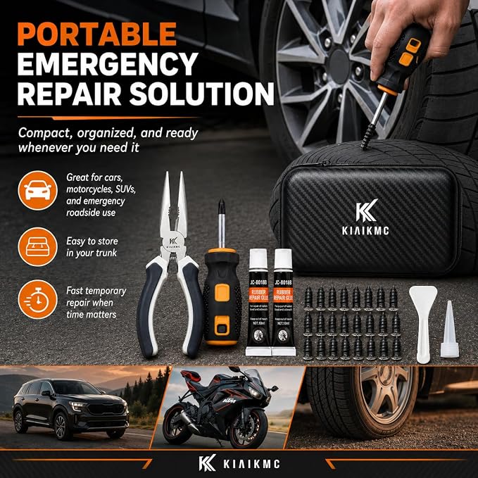 Tire Repair Screws Kit, Screw in Tire Plugs for Emergency Puncture Repair, Rubber Nail Screw in Tire Plug Kit with Pliers, Screwdriver & Rubber Cement for Tubeless Tires