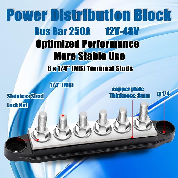 250A Bus Bar 12V Marine 1/4" Power Distribution Block Automotive Busbar Terminal Block,Battery Buss Bar (Pair, Red & Black) 6 x 1/4" Post Terminals