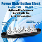 250A Bus Bar 12V Marine 1/4" Power Distribution Block Automotive Busbar Terminal Block,Battery Buss Bar (Pair, Red & Black) 6 x 1/4" Post Terminals
