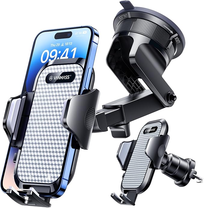 [True Military-Grade] Car Phone Holder [Best Suction & Clip] Cell Phone Mount for Dashboard Windshield Vent Truck Cradle Dash Stand for iPhone 15 Pro Max 14 13 12 Android, White