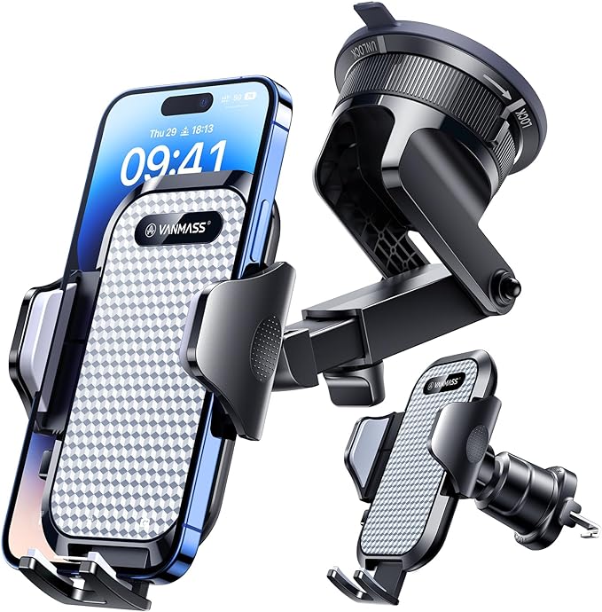 [True Military-Grade] Car Phone Holder [Best Suction & Clip] Cell Phone Mount for Dashboard Windshield Vent Truck Cradle Dash Stand for iPhone 15 Pro Max 14 13 12 Android, White