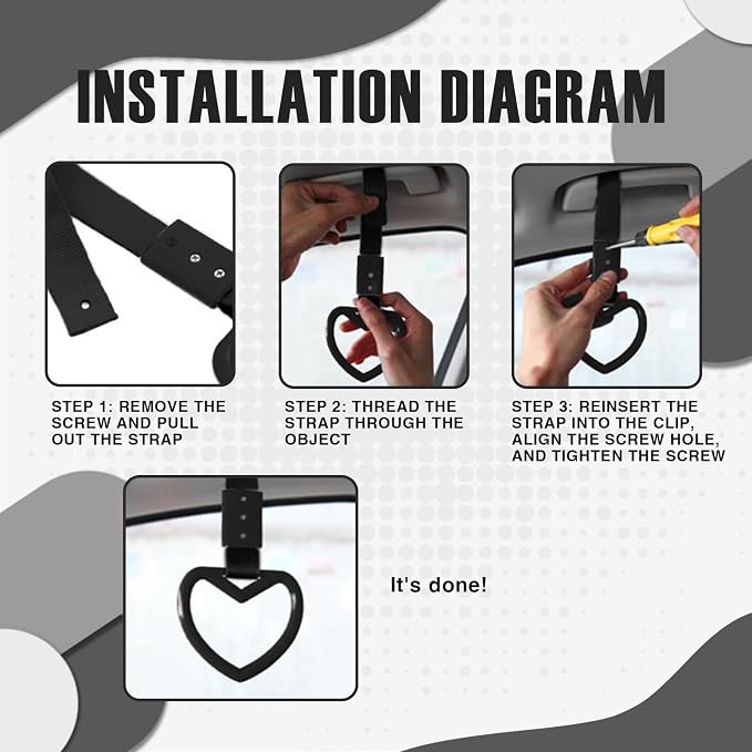 2PCS Heart Shaped Car Handle Straps, Rear Bumper Warning Keychain Ring for Car Exterior Accessories (Black)