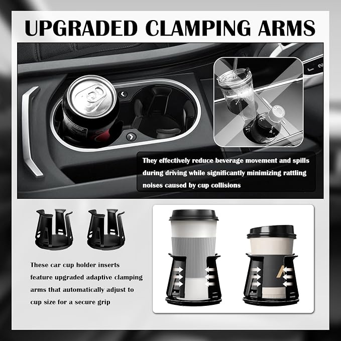 2PCS Car Cup Holder Inserts,2-in-1 Self-Adhesive & Suction Cup Car Cupholder Insert with Adaptive Clamping Arms,Universal Cups Holder Expander for Most Cars/Trucks/SUVs