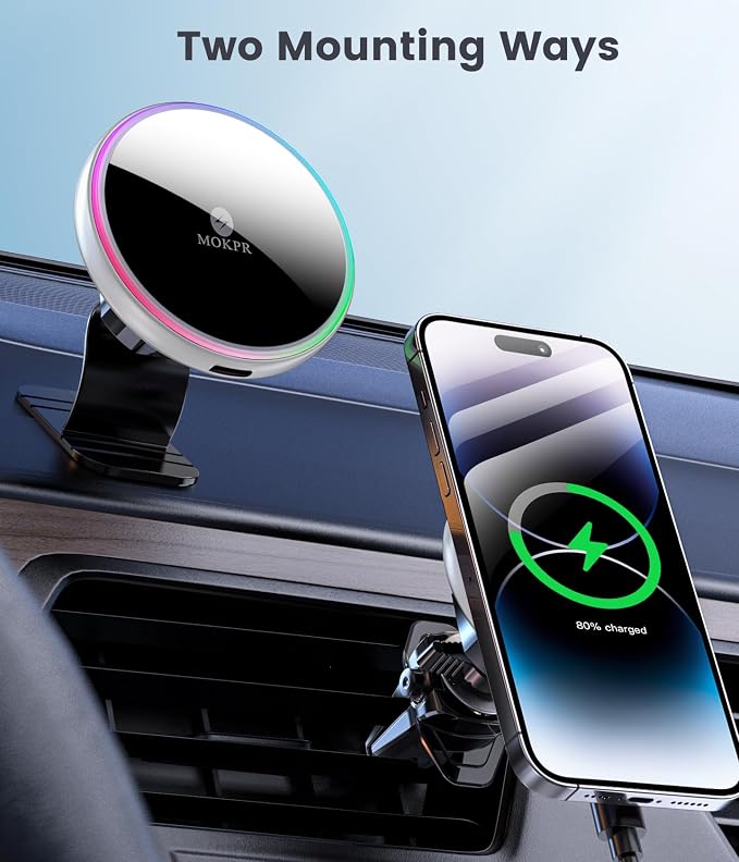 for Magsafe Car Mount Charger-15W Wireless Car Charger-Magnetic Car Phone Holder for Dash Air Vent-LED RGB HandsFree Car Mount Fast Car Charger for iPhone 15/14/13/12 Series Silver