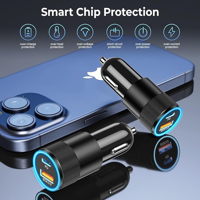 Car Charger USB C 3-Pack, 38W Dual Port PD + QC 3.0 Car Charger Adapter Fast Charging Cigarette Lighter Adapter for iPhone 16 15 14 13 12 11 Pro Max, Samsung, Tablet