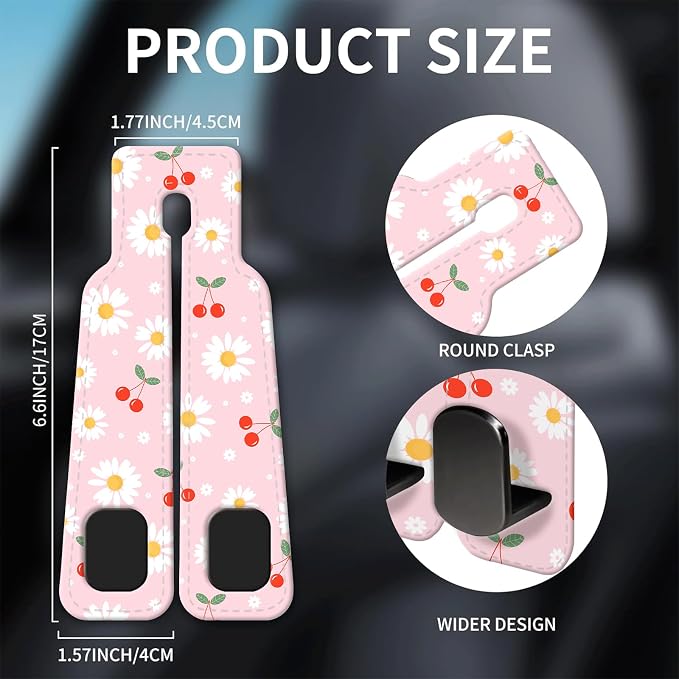 Car Seat Headrest Hook, Universal Leather Cute Hanger Holder Hook, Storage Organizer Interior Accessories for Purse Bags Handbag Cute Daisy Cherry