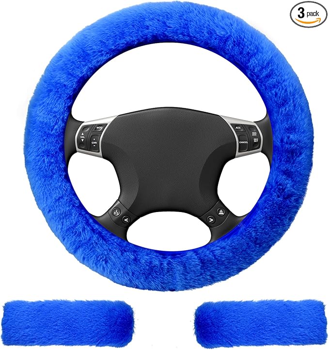 3 PCS Fluffy Steering Wheel Cover Set, 15'' Furry Car Wheel Cover, 2 Seat Belt Shoulder Pads, Anti-Slip Fur Steering Wheel Cover, Winter Warm Fluffy Car Accessories for Women, Blue