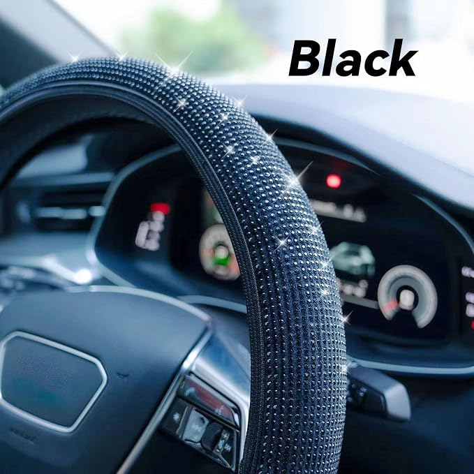 Bling Steering Wheel Cover, Rhinestone Steering Wheel Cover with Crystal Diamond for Women, Sparkling Car Wheel Protector Universal Fit 14-15 inches - Black