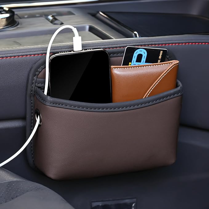 Car Seat Side Storage Pocket, Small Organizer,PU Leather Multifunctional Console Side Organizer Bag for Phone, keys, sunglass,wallet,ect (Brown)