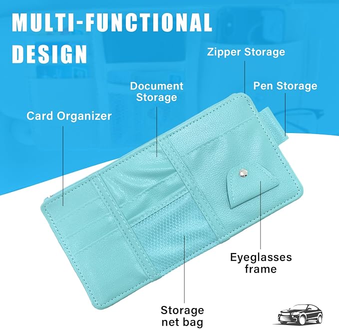 Car Sun Visor Organizer, Leather Personal Belonging Storage Pouch with Zipper, Car Visor Storage Pouch Sunglasses Holder, Auto Interior Accessories Pocket Organizers (Blue)