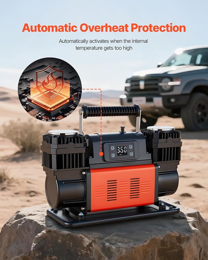 Dual-Cylinder Heavy Duty Air Compressor, 10.6CFM Auto-Stop Portable Tire Inflator, 12V 150PSI Offroad Air Pump with LCD Digital Display & Adapters for Truck Car SUV 4 x 4 Vehicle RV