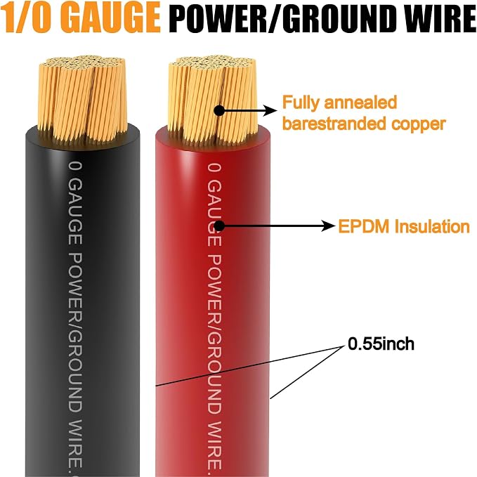AWG 1/0 Battery Cable,0 Gauge Wire (20 Feet Black+20 Feet Red) Copper Clad Aluminum CCA Primary Automotive Power Ground Wire,Lugs Terminal Connectors,Heat Shrink Tubing for Car Audio Golf Cart