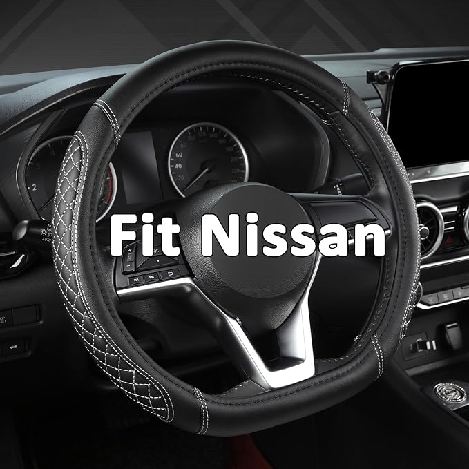 Flat Bottom Car Steering Wheel Cover for Nissan,D Shaped Steering Wheel Cover for Rogue,Altima,Kicks (Diamond Quilted-Black+Gray-Standard Size)