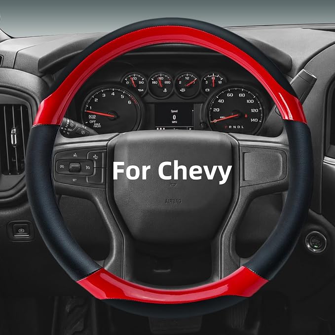 Leather Steering Wheel Cover for Chevy Silverado 1500 2500 3500, 14.5-15 inches Car Steering Wheel Cover with Non-Slip Breathable (Bright Red)
