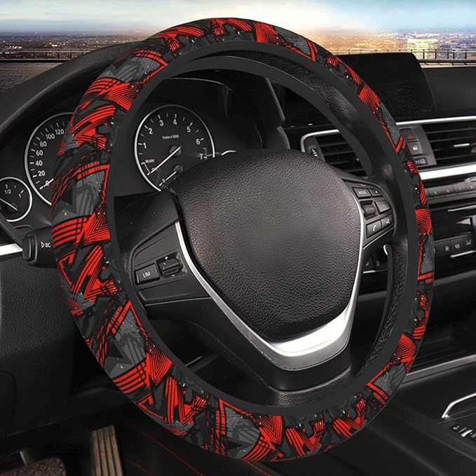 Cool Red Black and Gray Geometric Steering Wheel Cover for Women Men Girls Car Accessories Decor Anti-Slip Neoprene Auto Steering Wheel Covers Protector Universal 15 Inch