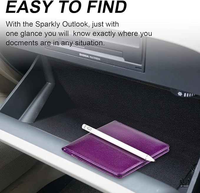 Car Registration and Insurance Holder, Vehicle Glove Box Car Organizer Men Women Wallet Accessories Case for Cards, Essential Document, Driver License, Bling Purple