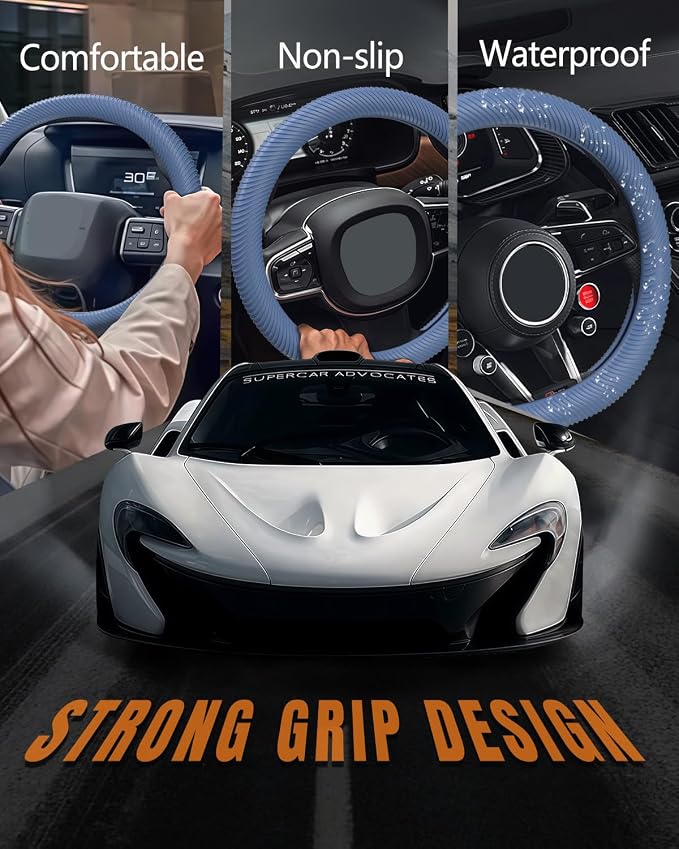 Car Steering Wheel Cover, Thin Anti-Skid Silicone Steering Wheel Cover for Men & Women, Universal Automotive Interior Accessories for Most Cars (Dark Blue)