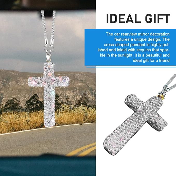 Cross for Car Mirror Hanging, Bling Crystal Rhinestone Cross Rear View Mirror Accessories, Shiny Cars Pendant Charm, Religious Rearview Mirrors Decoration, Auto Interior Accessories (Silver)