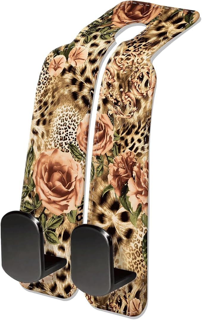 Car Seat Headrest Hook, Universal Leather Cute Hanger Holder Hook, Storage Organizer Interior Accessories for Purse Bags Handbag Luxury Leopard Rose