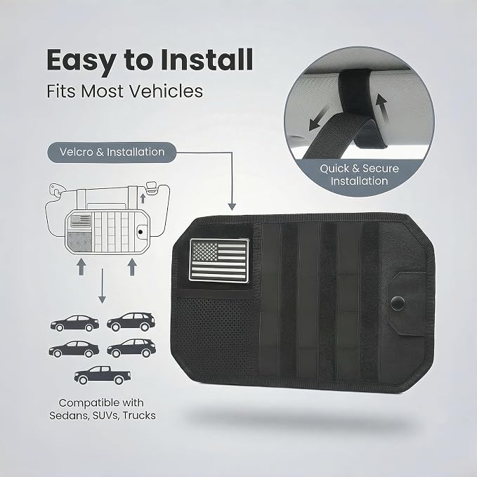 Visor Organizer, Car Sun Visor Organizer for Trucks & Auto, Tactical Molle Visor Panel with Large Capacity Storage, Keep Car Accessories Neat, Fits SUV Sedan Off-road Vehicles, Black,12.8x7x1.2 Inch