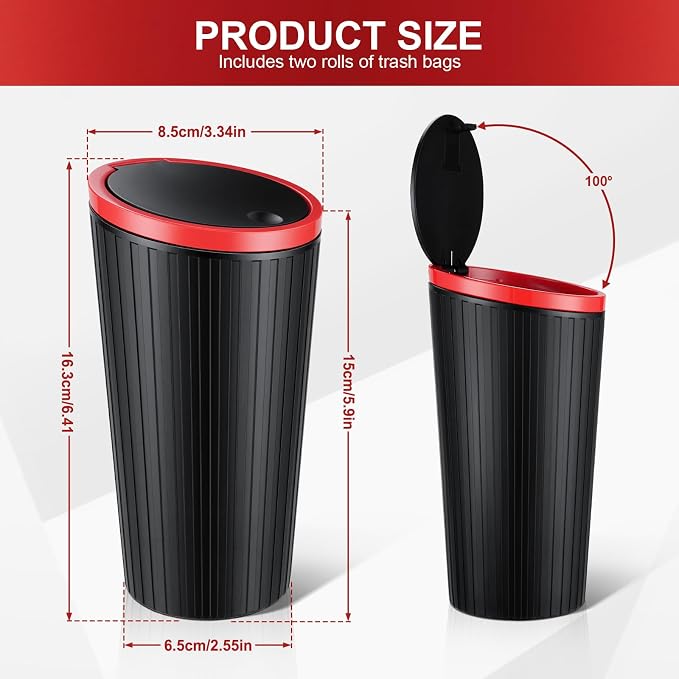 2PCS Car Trash Can with Lid, Leakproof Mini Garbage Bin for Car Cup Holder, Small Trash Can for Vehicle, Home & Office - Includes 60 Bags, Easy Clean (Black-Red)