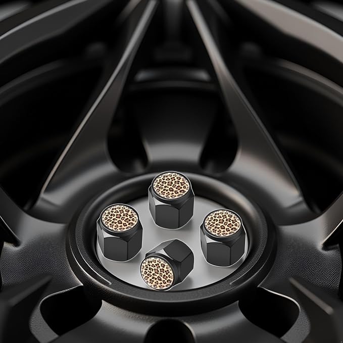 Tire Valve Stem Caps Cover,4 Pcs Metal Black Air Valve Cap, Aluminum Car Wheel Stem Caps,Universal Stem Covers for Cars,Trucks,Bikes,Bicycles, Motorcycles,Corrosion Resistant (Leopard)