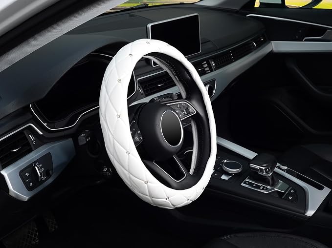Diamond Soft Leather Steering Wheel Cover with Bling Bling Crystal Rhinestones, Universal 15 inch, Pure White