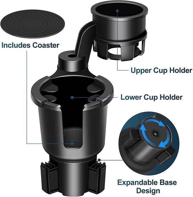 Car Cup Holder Expander, Cup Holder Expander, Cupholder Expander with Adjustable Extension Base and 360° Rotation Design, Fits Mugs, Cups, Large Water Bottles in 2.9"-3.8" (10-46oz), Black