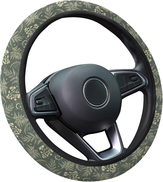 Dark Cottagecore Botanical Steering Wheel Cover, Non-Slip Polyester Wheel Grip, Universal 15 Inch Car Accessory