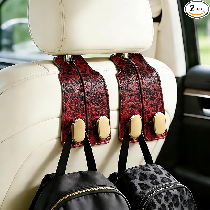 Car Hooks for Headrest: 2Pack Car Seat Back Storage Headrest Hook - Premium Leather Double Metal Hook - Purse Hook For Car Headrest - Car Headrest Hooks for Purses, Handbags, Bags -Red Leopard