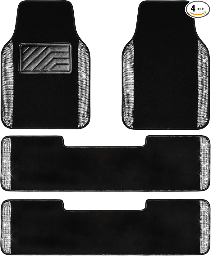3 Row Bling Diamond Car Mats Shining Carpet Rhinestones Sparkly Glitter Floor Mats Anti-Slip PVC Heel Pad Universal for Automotive SUV,Sedan,Van, 3rd Row 2 Rear for Girl Women, Black Silver