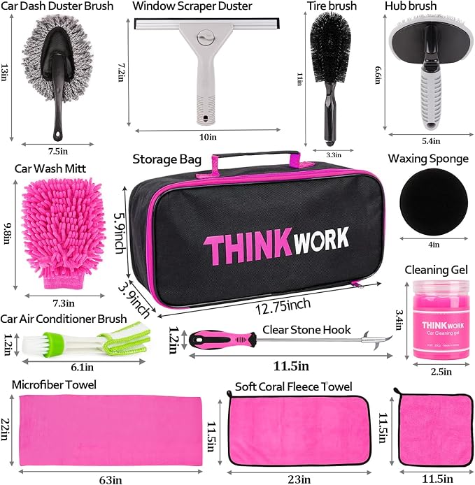 Car Detailing Kit, Interior Exterior Cleaning Set for Vehicles | Soft Microfiber, Lint-Free, Scratch-Proof, 17 Pcs Complete Set, Pink Styling, Perfect Women Gift, Portable Bag