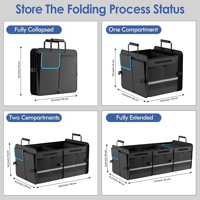 MEI&CO Car Trunk Organizer - 2.5mm PP Board Built, 35L Leakproof Cooler, 105L Capacity, 2 Tie-Down Straps, 4 Adjustable Dividers, Foldable Design for SUVs, Trucks, and Cars