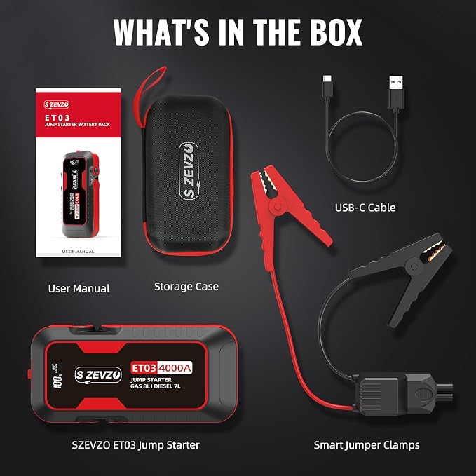 ET03 4000A Car Jump Starter Jump Starter Battery Pack for Up to 8.0L Gas and 7.0L Diesel Engines, 74Wh Portable 12V Jump Box with USB Ports, LCD Display, Storage Case, and LED Light