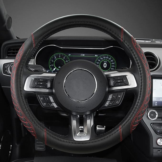 Car Steering Wheel Cover for Ford Escape,Explorer,Fusion,Focus,Bronco,Transit,Edge(Diamond Quilted - Black+Red- Standard Size)