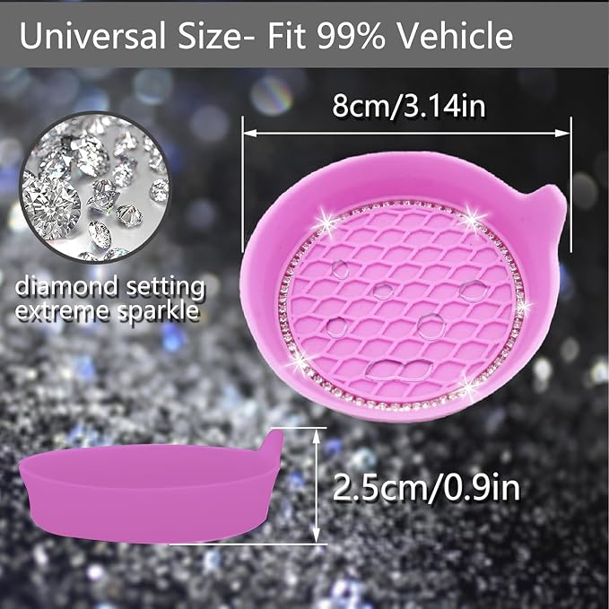 4PCS Bling Car Coasters, Non-Slip Insert Water Bottle Holder Pads, Bling Crystal Rhinestone Dustproof Automotive Interior Accessories, Universal for Vehicles, Trucks, RVs (4 pcs, Pink)